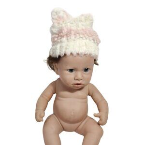 RbG 46-1 Sweet Preemie Baby Doll Realistic Brown Hair Blue Eyes with Beanie FLAW